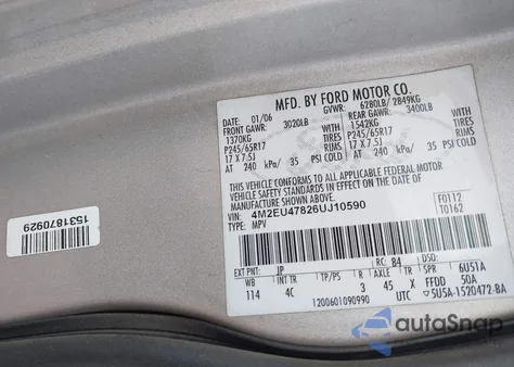 2006 Mercury Mountaineer Luxury z USA, uszkodzony, nr VIN 4M2EU47826UJ10590